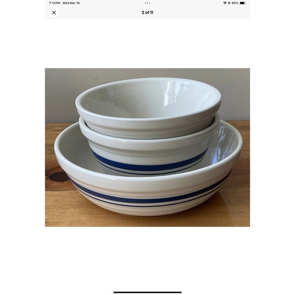 Roseville Ohio Friendship Pottery Nebraska Ivory/Blue Stripe Pasta Serving Bowls - Picture 2 of 11